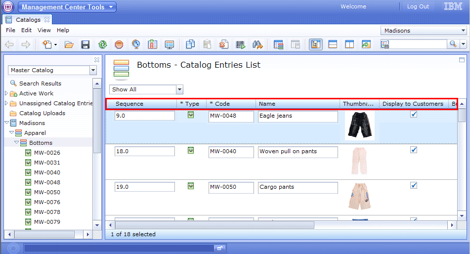 Sample list view in the Catalogs tool