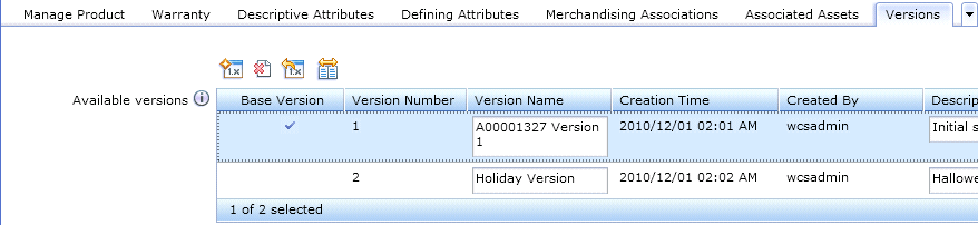List of catalog entry versions with emphasis on the check mark