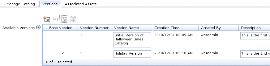 List of versions of a sales catalog
