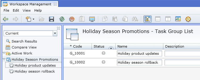 Holiday Season Promotions workspace view in the Workspace Management tool