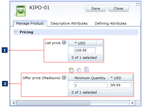Offer price and list price in the Catalogs tool
