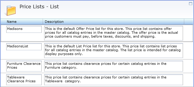 Example price lists in the Catalog Filter and Pricing tool