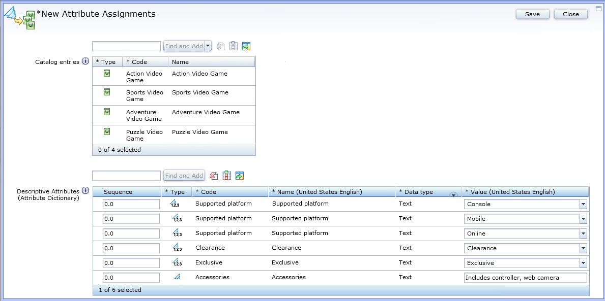 Screen capture of attribute assignment to multiple catalog entries.