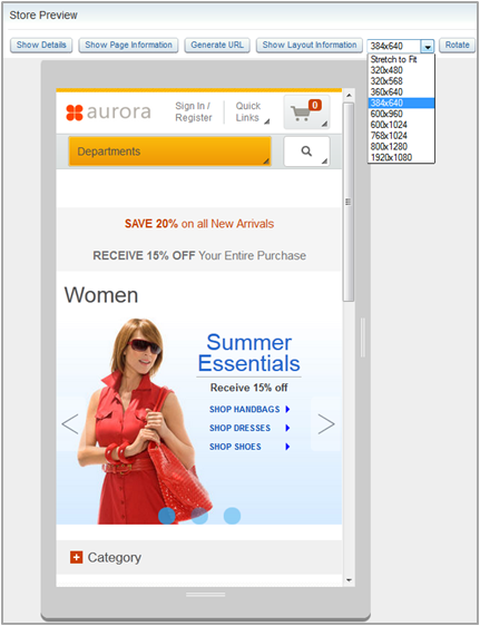 A store preview page that is viewed at a resolution that simulates a mobile device