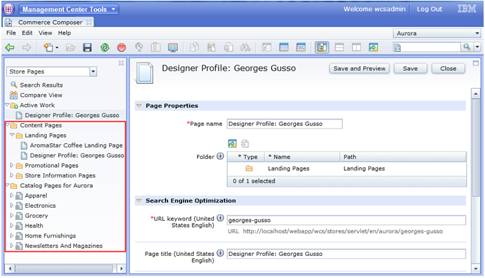 Page types in the Commerce Composer tool
