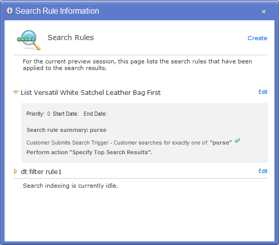 Search rule summary report in store preview