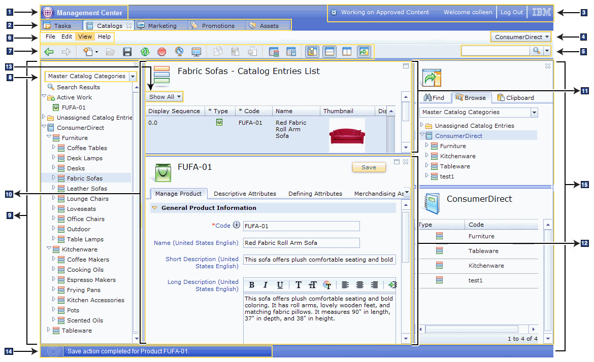 Management Center user interface screen capture containing numbered labels for different components