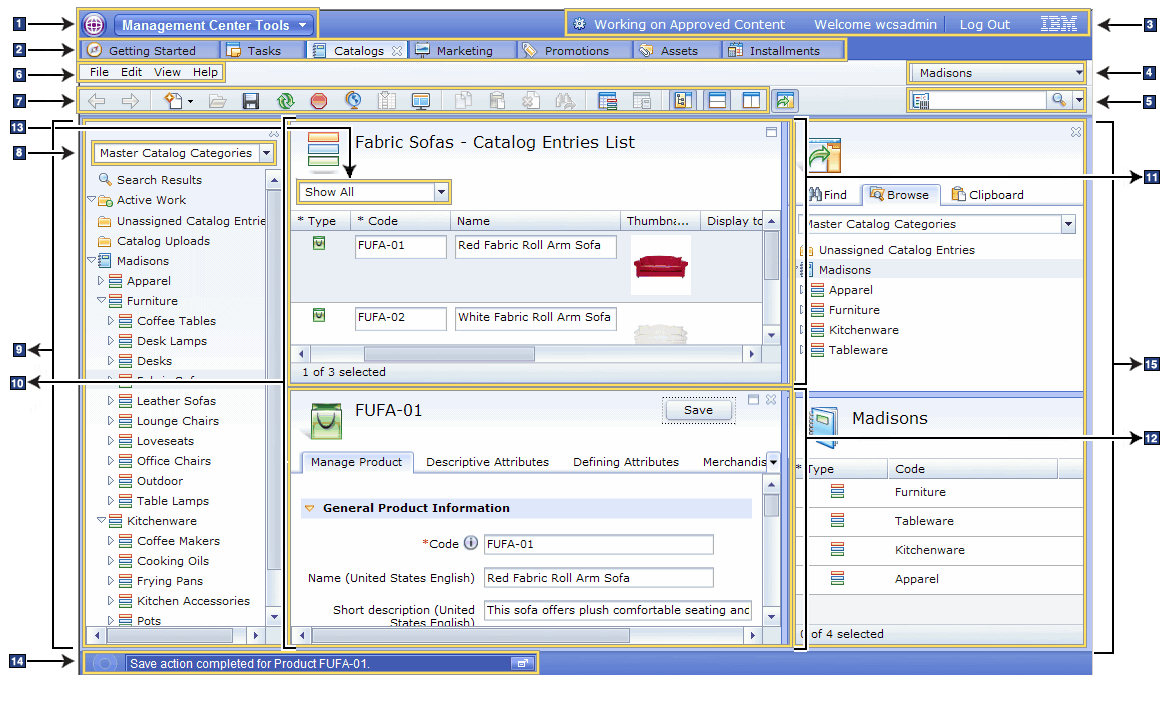 Management Center user interface screen capture containing numbered labels for different components