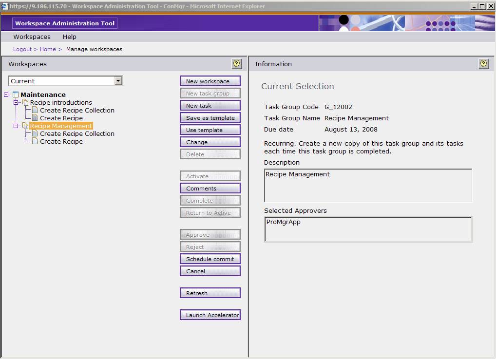 Screen capture that displays how to create the workspace task group for Recipe Management.