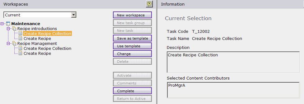 Screen capture that displays how to create the workspace task for Create Recipe Collection.