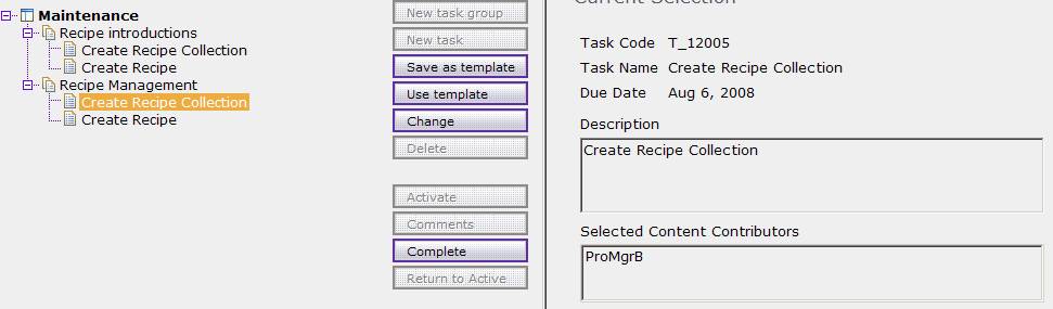 Screen capture that displays how to create the workspace task for Create Recipe Collection