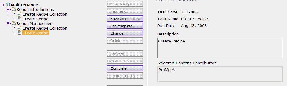 Screen capture that displays how to create the workspace task for Create Recipe.