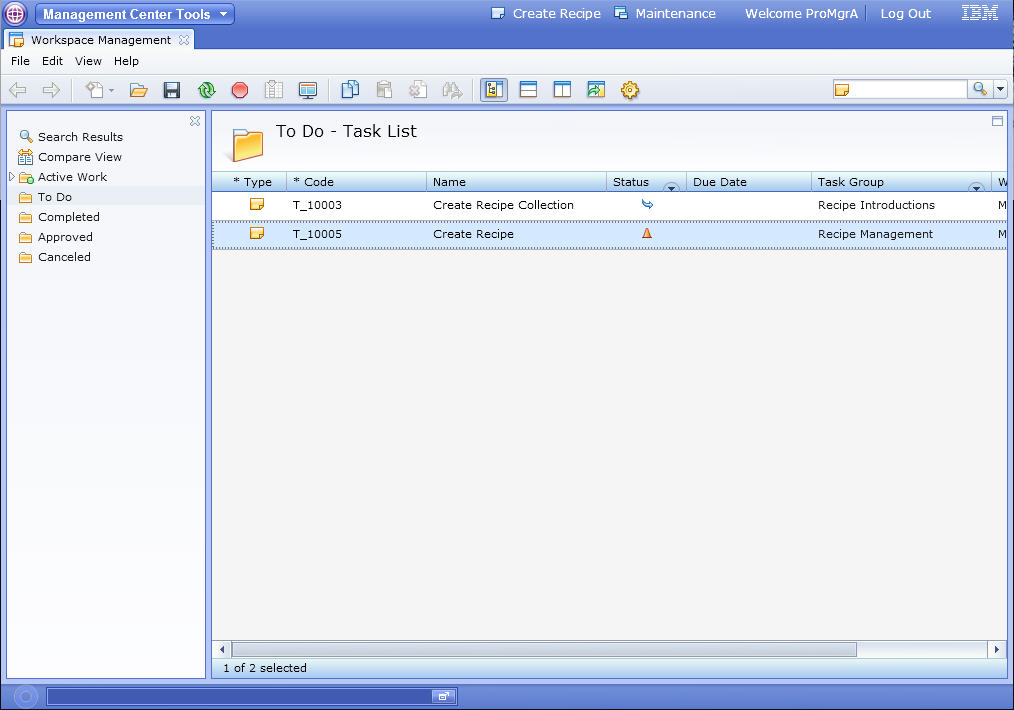 Screen capture that displays the Task panel in the Management Center.