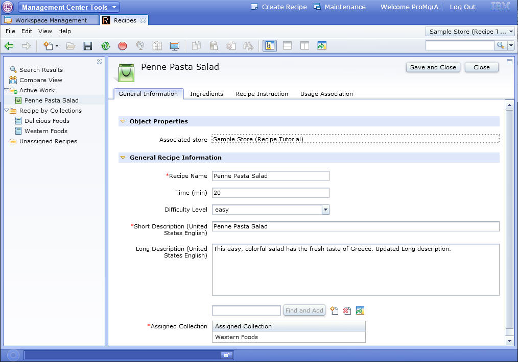 Screen capture that displays the Recipes tool.
