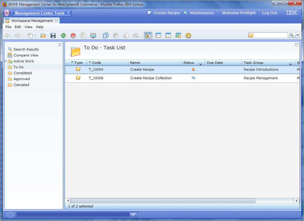 Screen capture that displays the Task List in the Management Center.