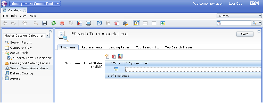 Screen capture of the Management Center Catalogs tool with Search Term Associations displayed.