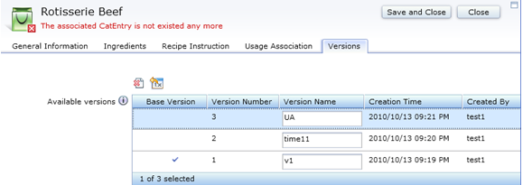 Recipe content versioning customization error handling screen capture