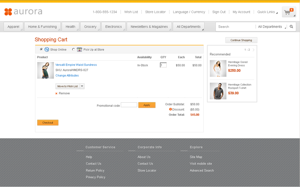 Screen capture of the shopping cart page