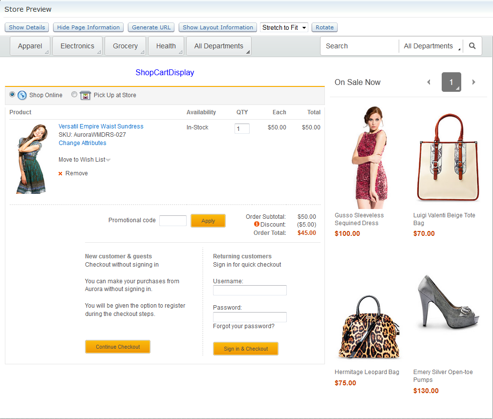 Shopping Cart page in preview with widgets