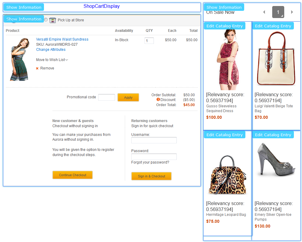 Shopping Cart preview with Show Information buttons