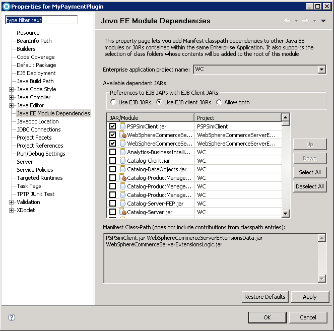 The Module Dependencies page of the New EJB Project dialog