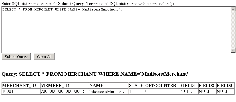 The database client applet for MadisonsMerchant query