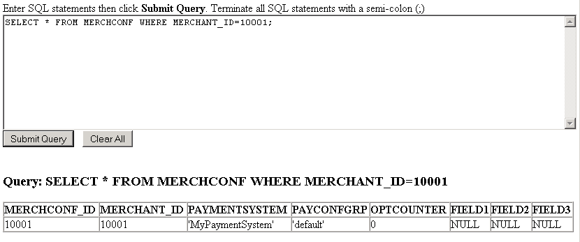 The database client applet Merchant_Id query.