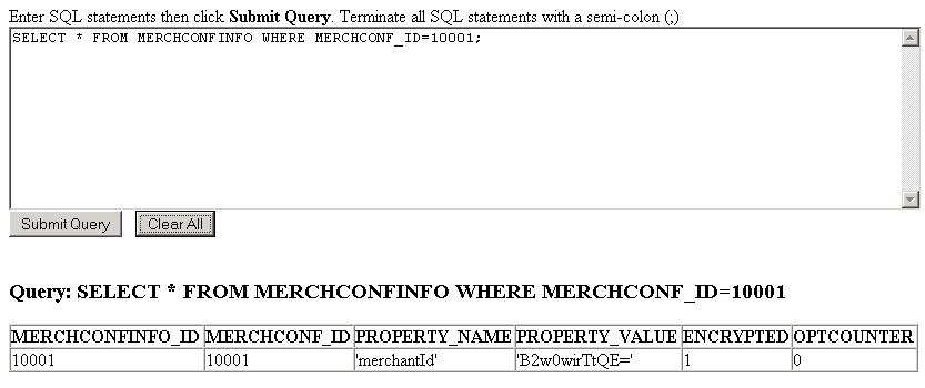 The database client applet for Merchconf_Id query.