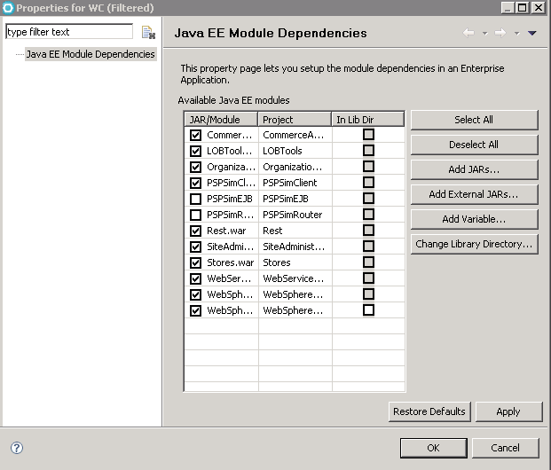Java EE Module Dependencies selection.