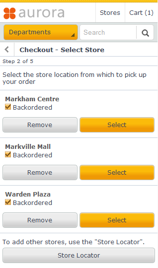 Smart phone checkout store selection page