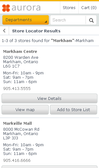 Smart phone store locator results page