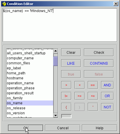 In the Condition Editor, double-click variables on the left side of the editor to use them in the condition. The right side contains operators that you can use in the expression.