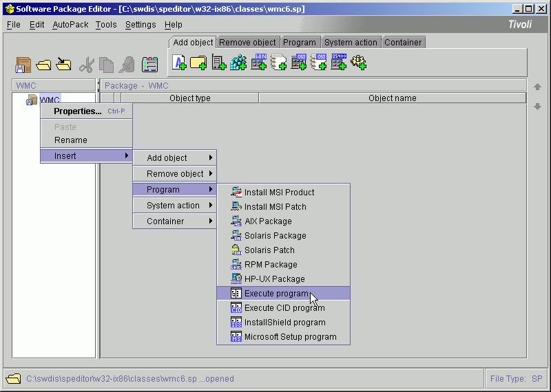In the Software Package Editor, select Insert > Program > Execute program