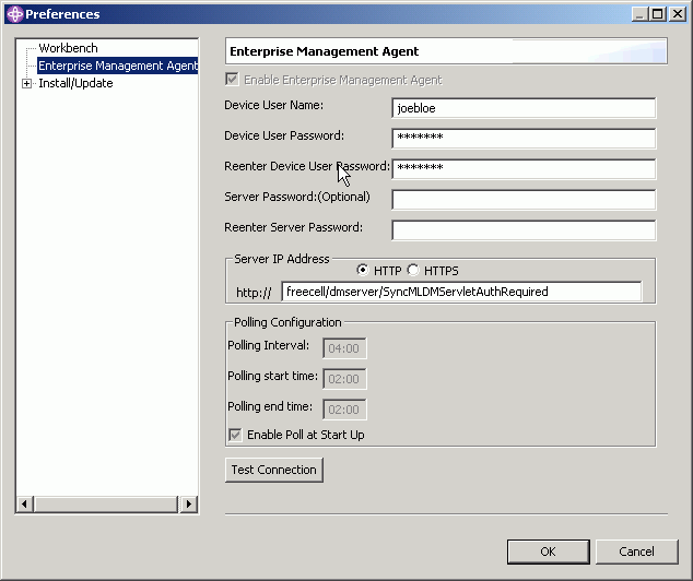 The Enterprise Management Agent node of the Preferences menu item, with all fields filled in according to the preceding steps.