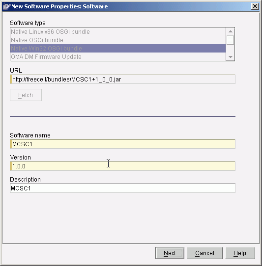 Native Win32 OSGi bundle appears in the software type list in the New Software Properties dialog.