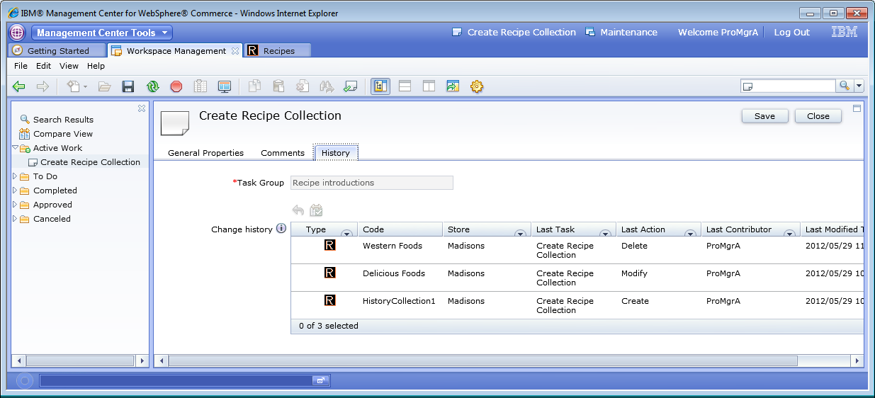 Creating Recipe collection History tab listing three recipes
