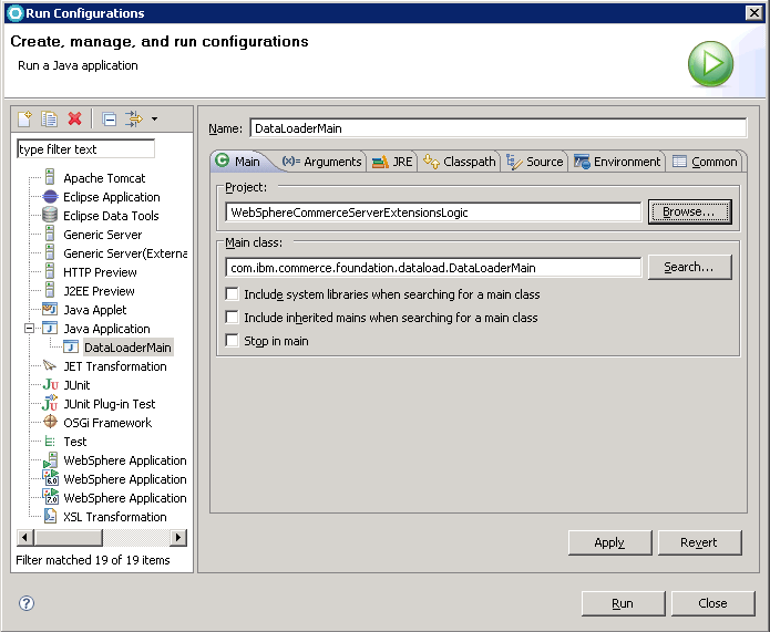 Screen capture of the Run Configuration menu - Main Tab