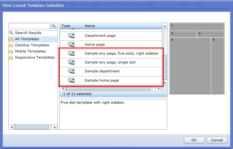 New Layout Template Selection window that contains sample templates