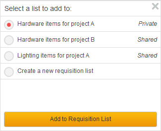 Add To Requisition List pop-up window for a buyer who is signed in and who has existing requisition lists