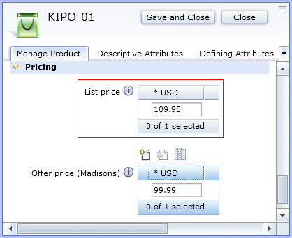 List price in the Catalogs tool