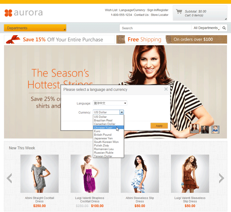 Aurora starter store language and currency menu