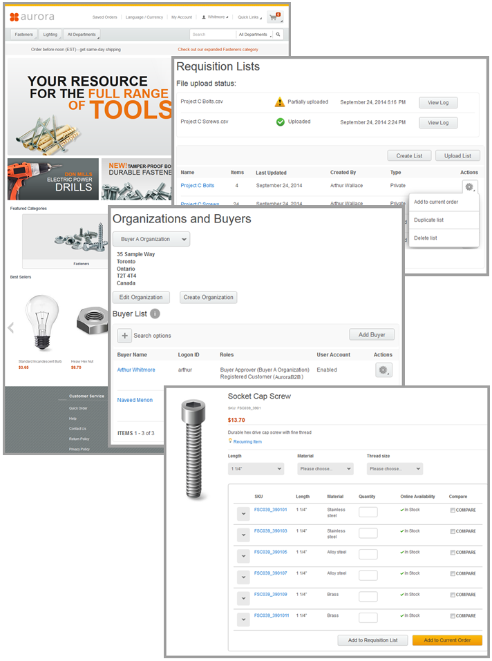 Pages showing examples of B2B capabilities of the Aurora starter store