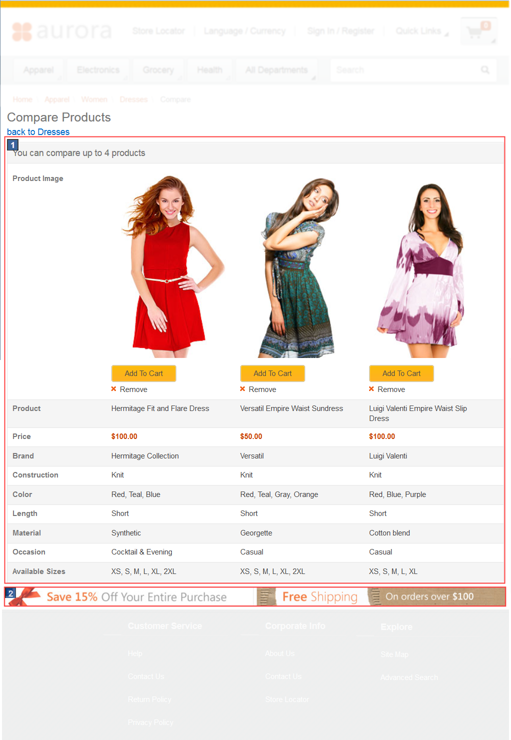 Compare Products page screen capture
