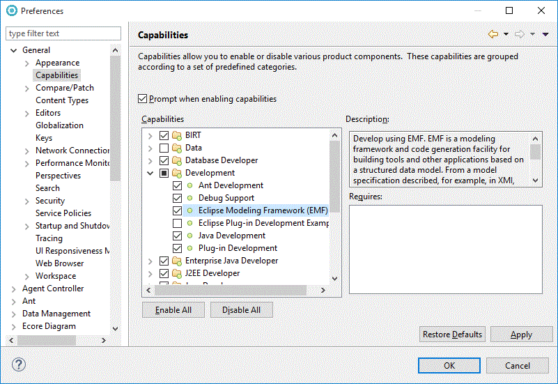 Selecting the required capabilities in the main pane