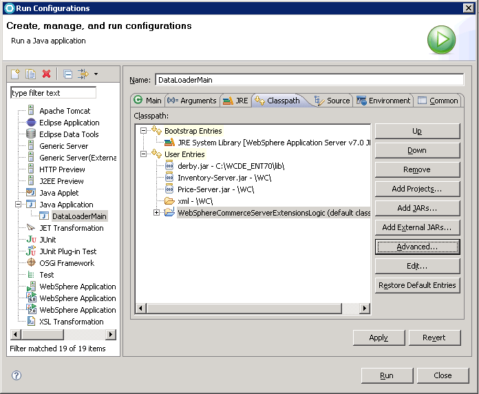 Screen capture of the Run Configurations menu - Classpath tab