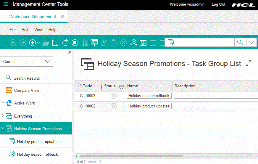 Holiday Season Promotions workspace view in the Workspace Management tool
