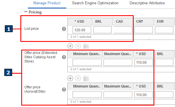 Offer price and list price in the Catalogs tool