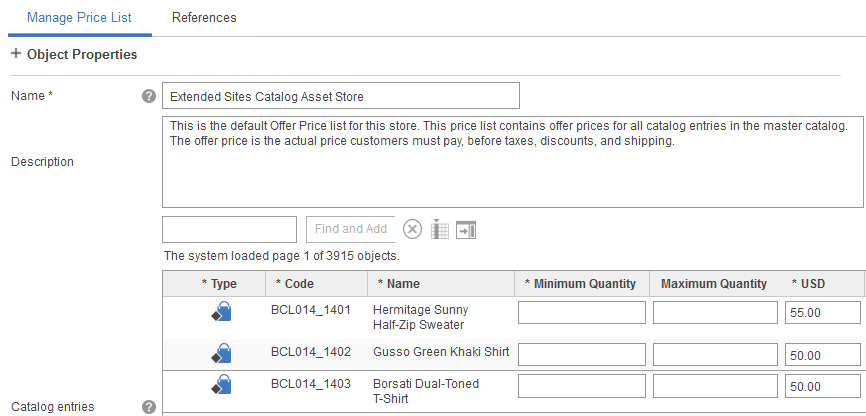 An open price list in the Catalog Filter and Pricing tool