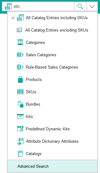 Find area search type list, showing Advanced Search.