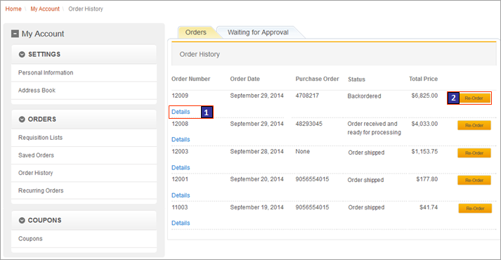 Order History page screen capture